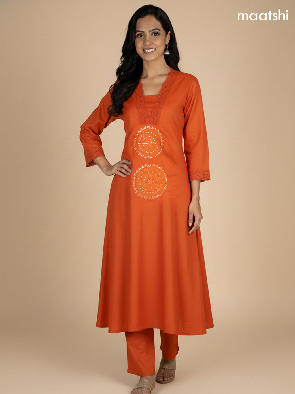 Rustic Orange Cotton Embroidery Work A-Line Suit