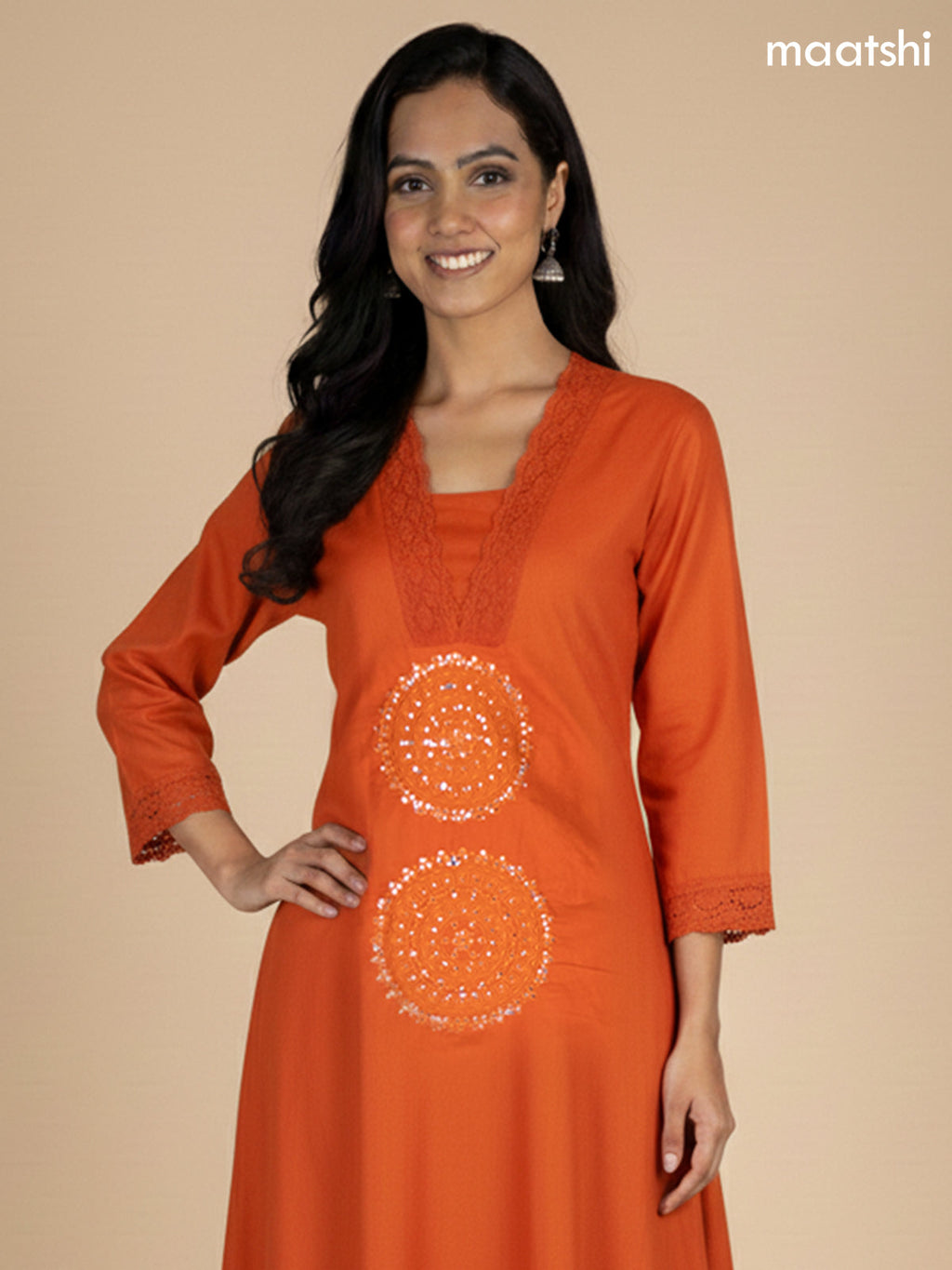 Rustic Orange Cotton Embroidery Work A-Line Suit
