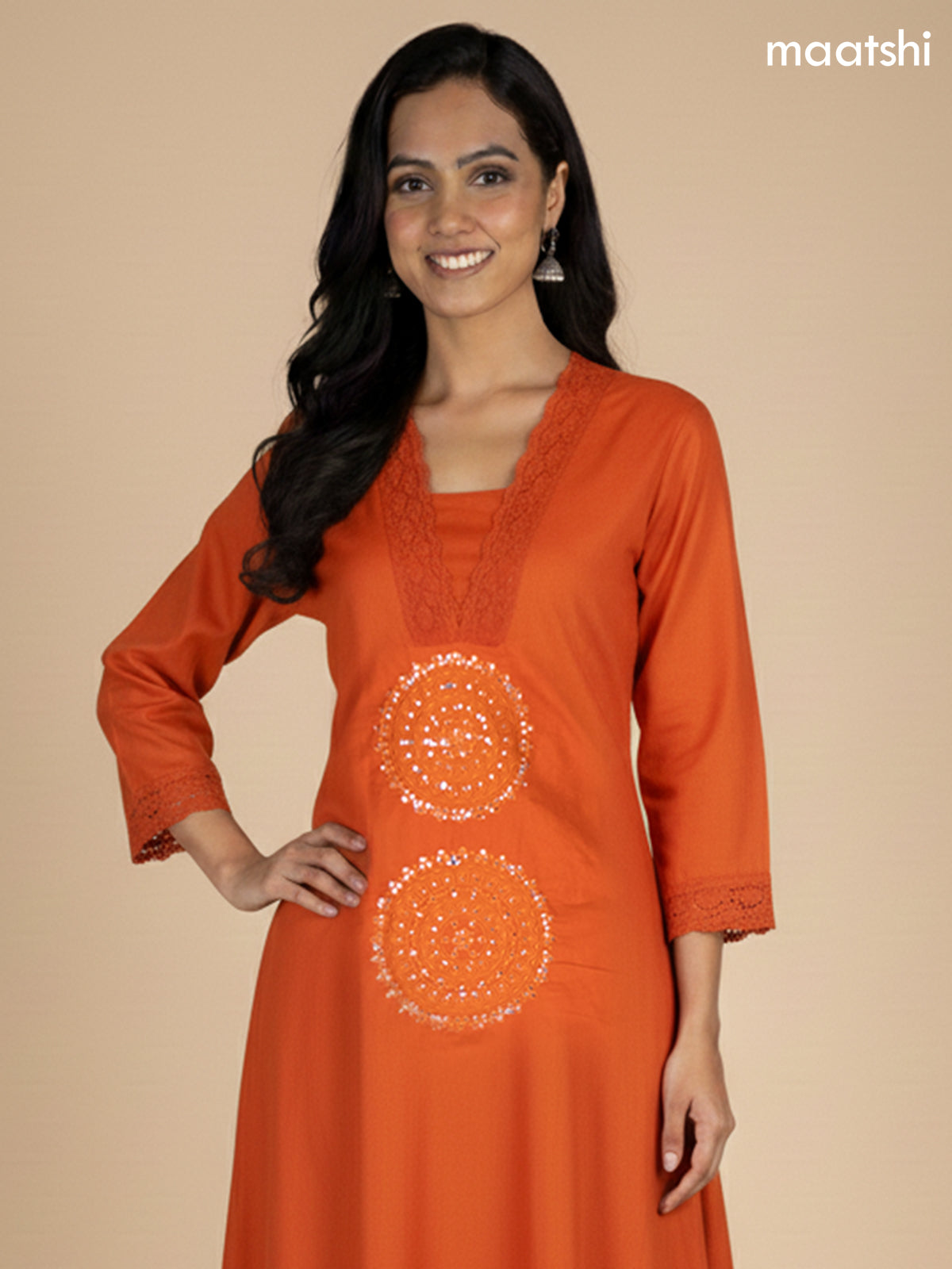 Rustic Orange Cotton Embroidery Work A-Line Suit
