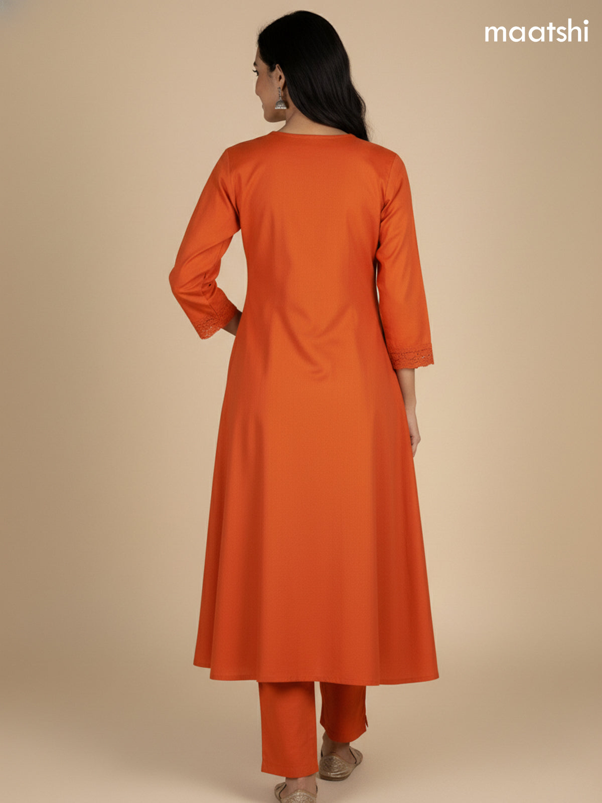 Rustic Orange Cotton Embroidery Work A-Line Suit