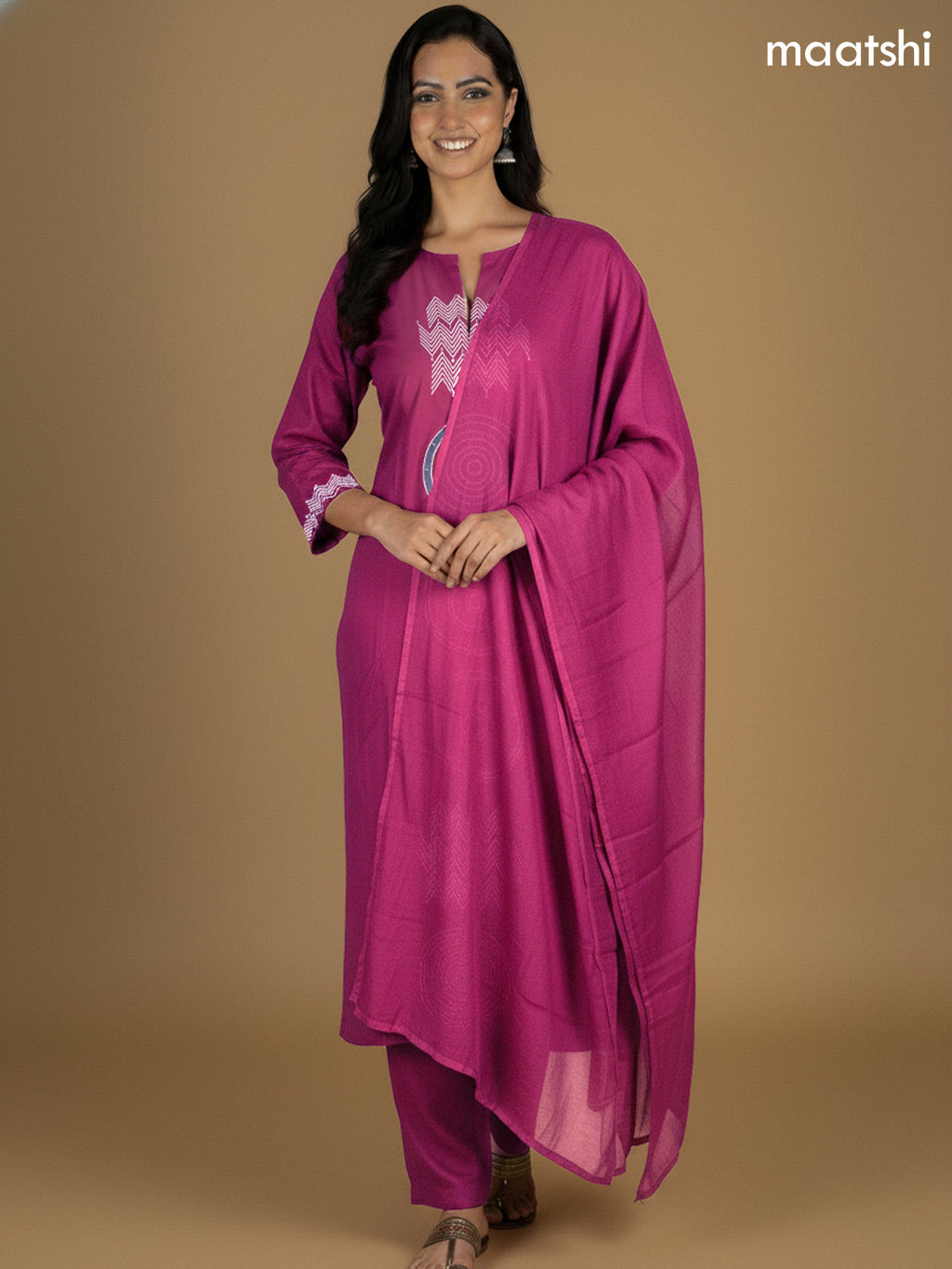 Magenta Pink Shade Cotton Embroidery Work Straight Suit