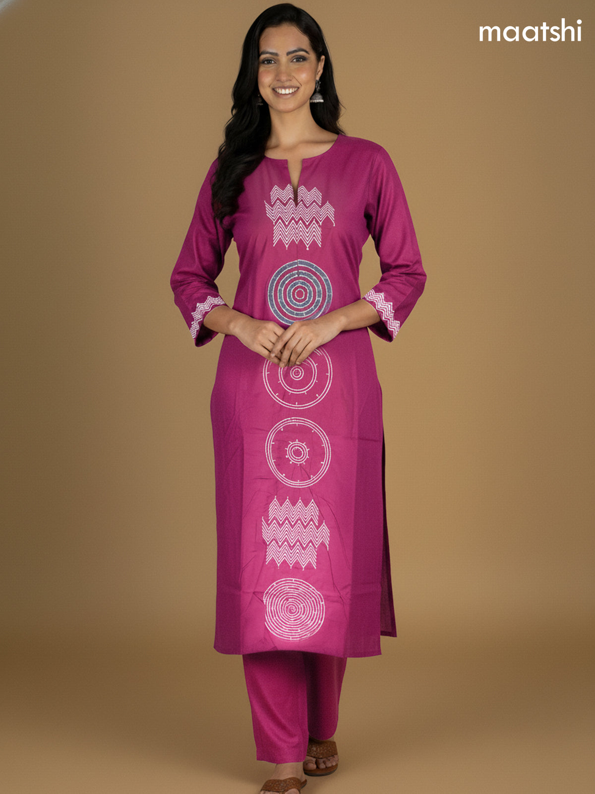 Magenta Pink Shade Cotton Embroidery Work Straight Suit
