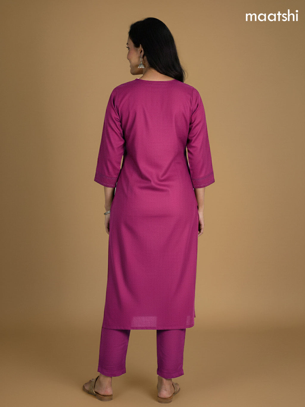 Magenta Pink Shade Cotton Embroidery Work Straight Suit