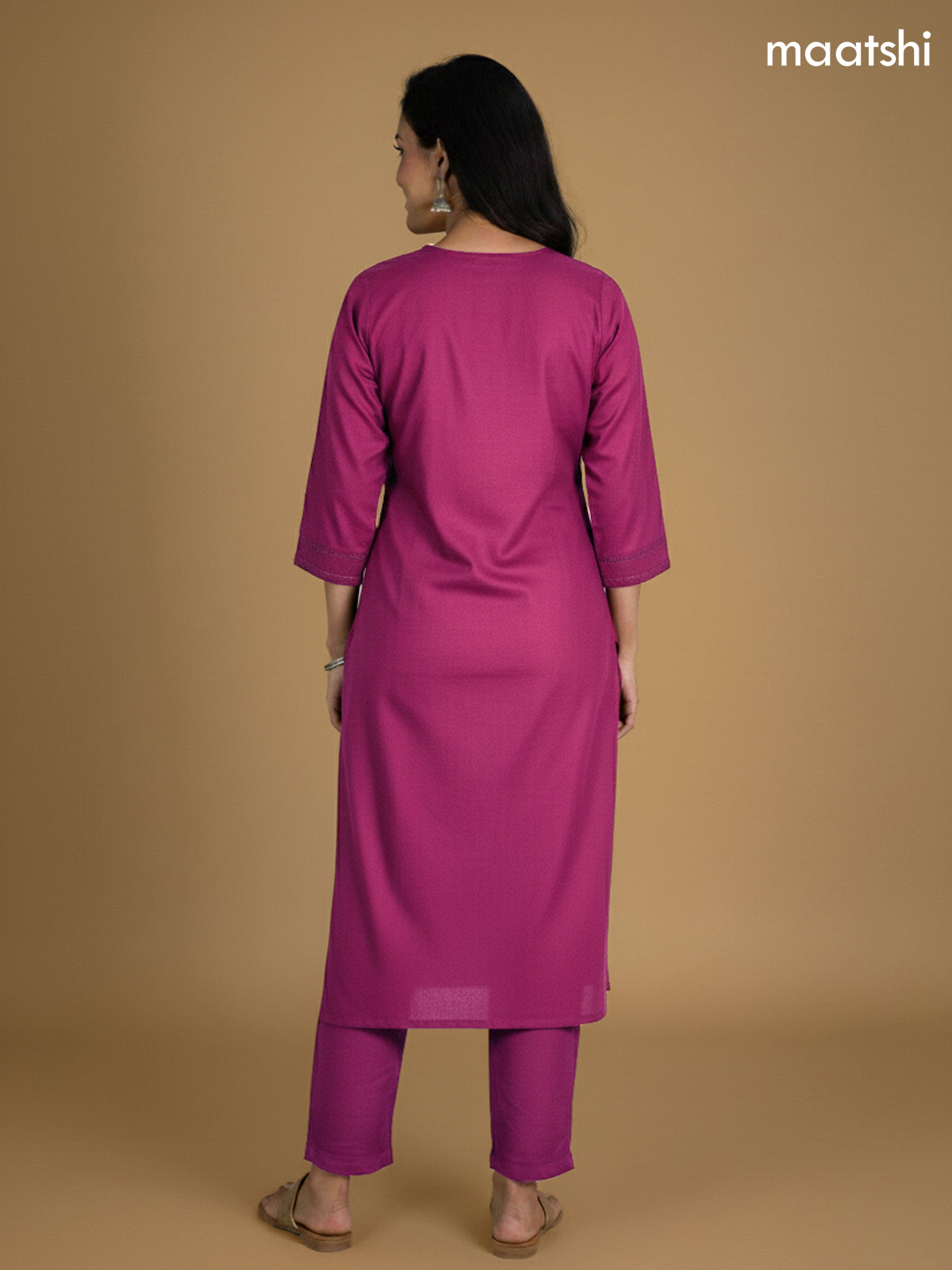 Magenta Pink Shade Cotton Embroidery Work Straight Suit