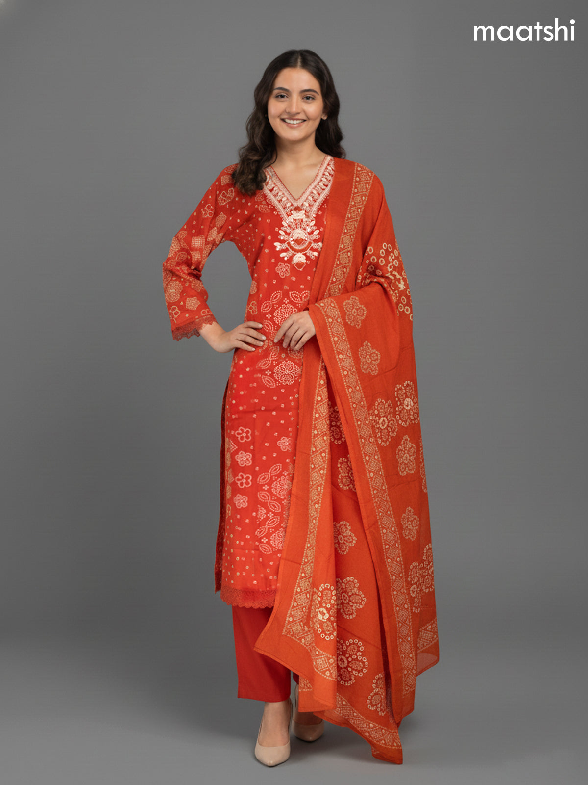 Rustic Orange Cotton Bandhini Printed Straight Suit