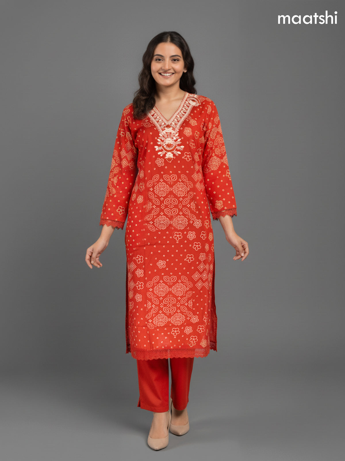 Rustic Orange Cotton Bandhini Printed Straight Suit