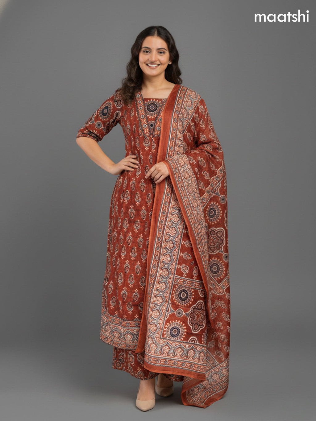 Rustic Maroon Cotton Block Printed Anarkali Suit