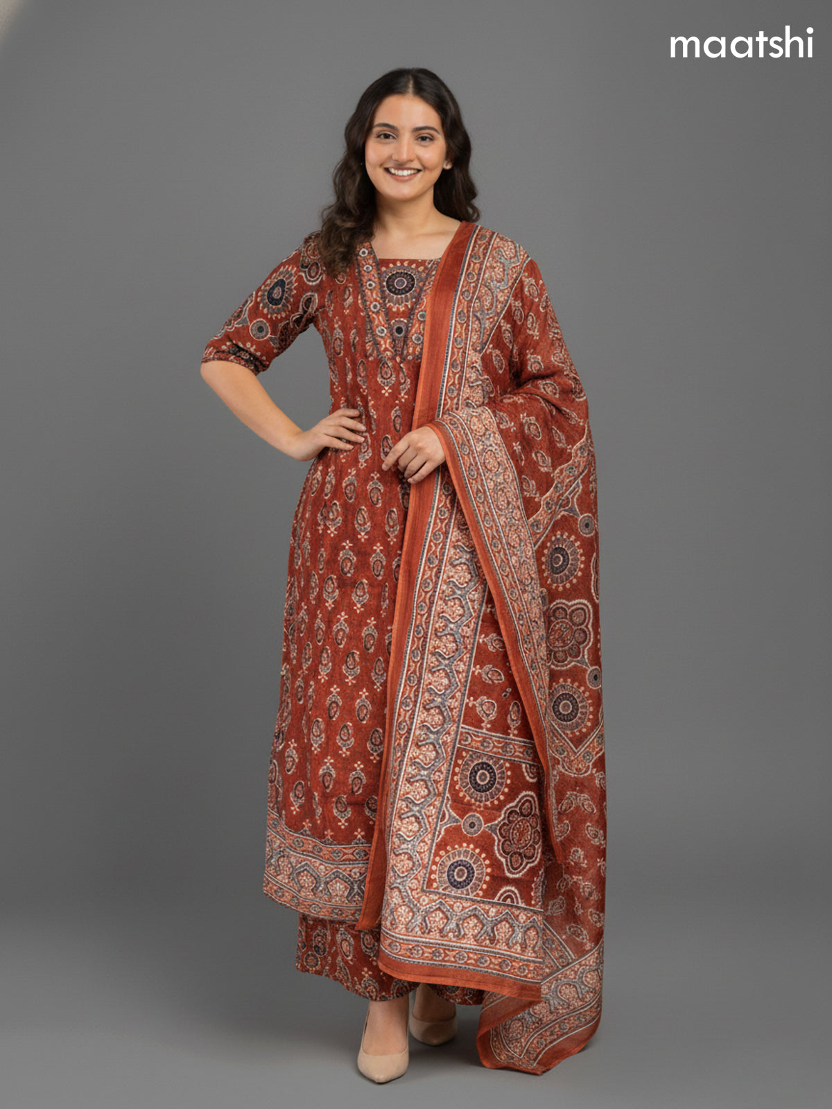Rustic Maroon Cotton Block Printed Anarkali Suit
