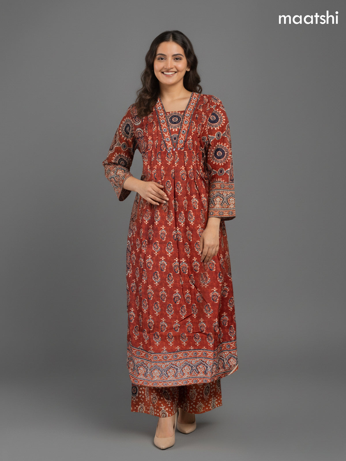 Rustic Maroon Cotton Block Printed Anarkali Suit