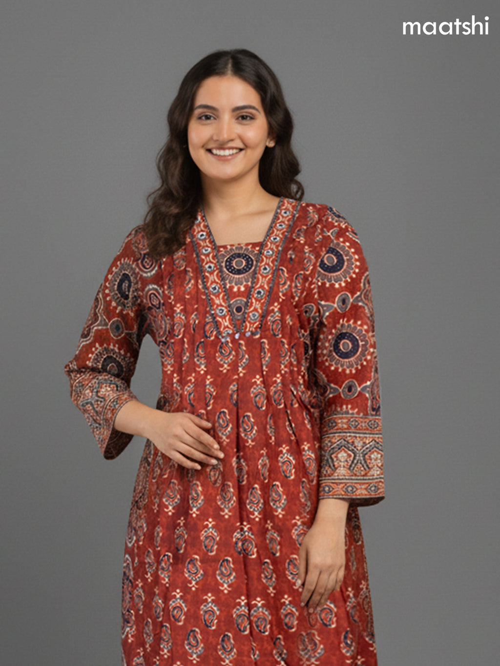 Rustic Maroon Cotton Block Printed Anarkali Suit