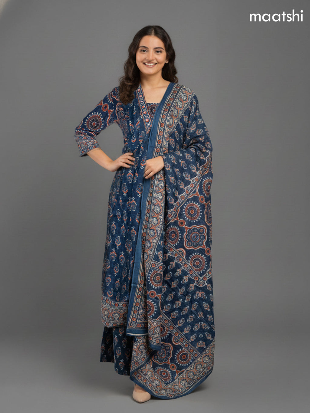 Peacock Green Cotton Block Printed Anarkali Suit