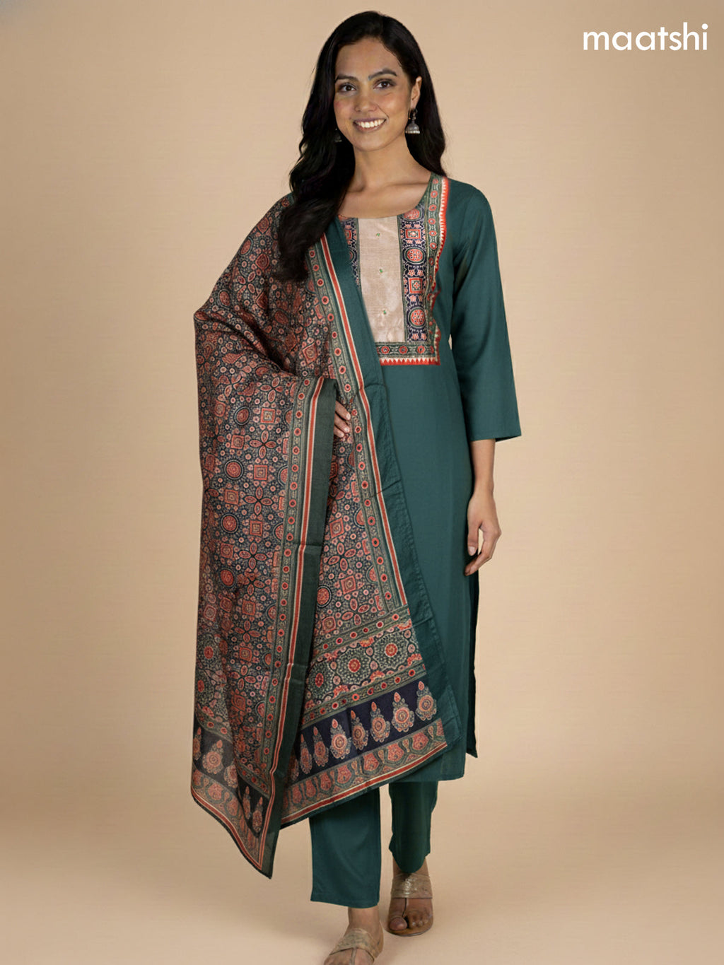 Green Cotton Ajrakh Printed Neck Pattern Straight Suit