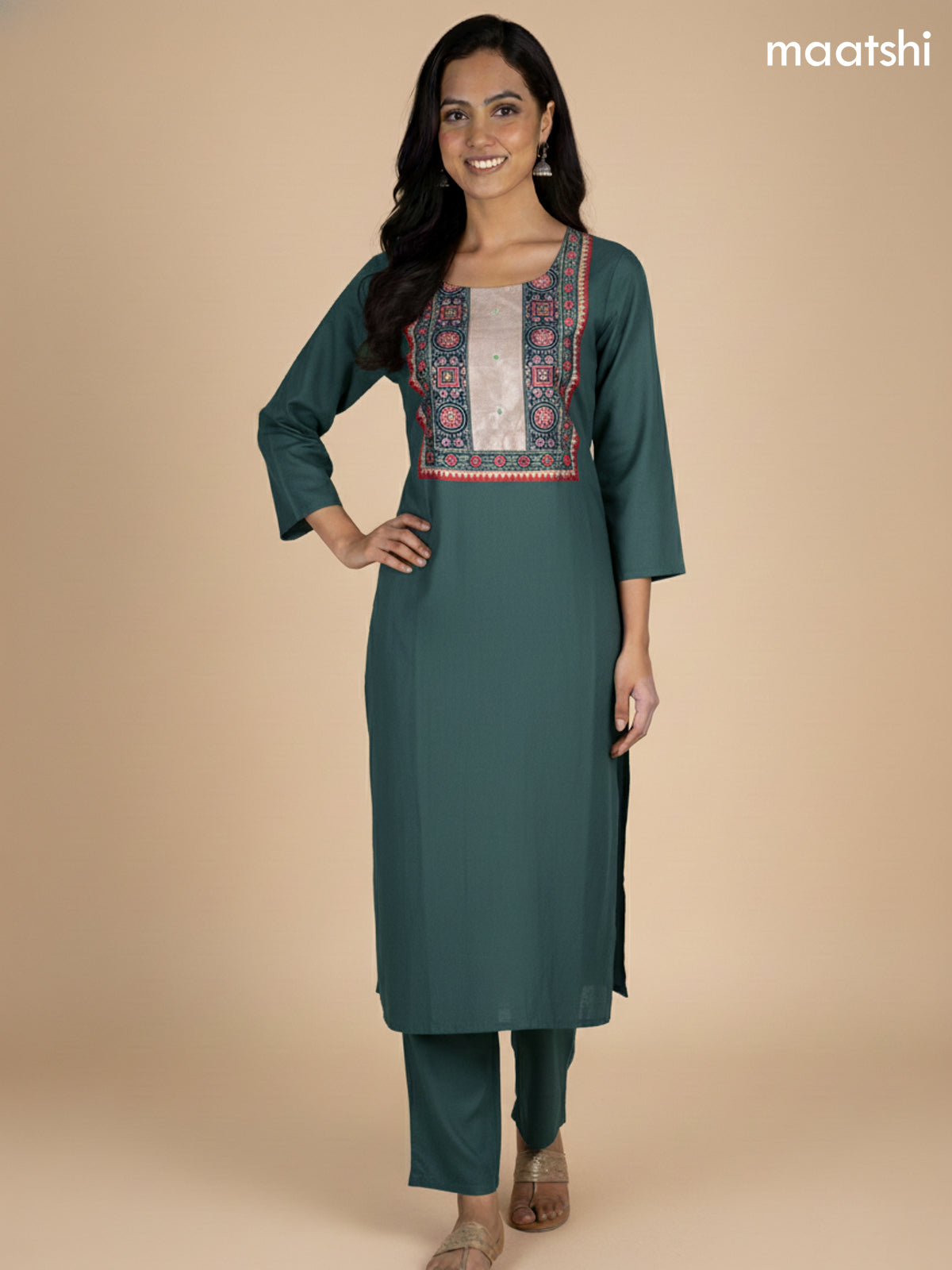 Green Cotton Ajrakh Printed Neck Pattern Straight Suit