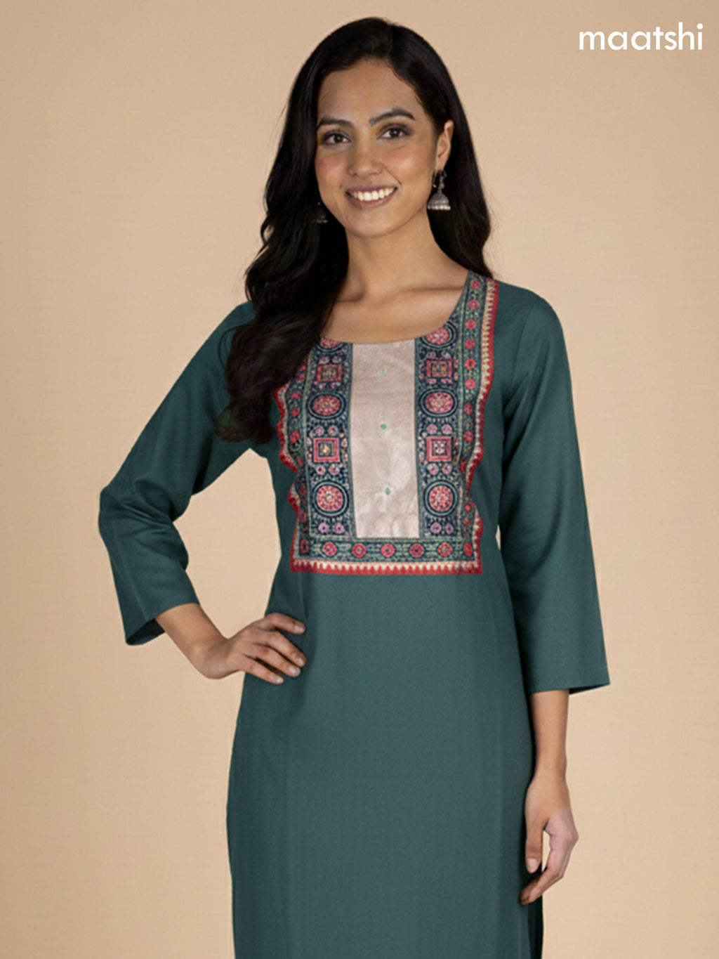 Green Cotton Ajrakh Printed Neck Pattern Straight Suit