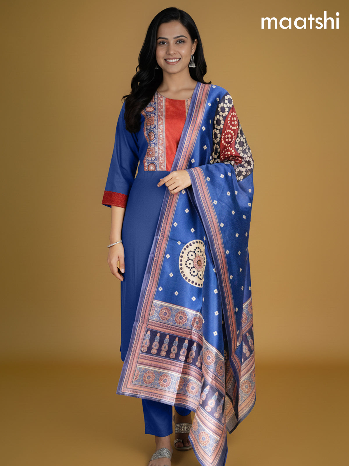 Blue Cotton Ajrakh Printed Neck Pattern Straight Suit