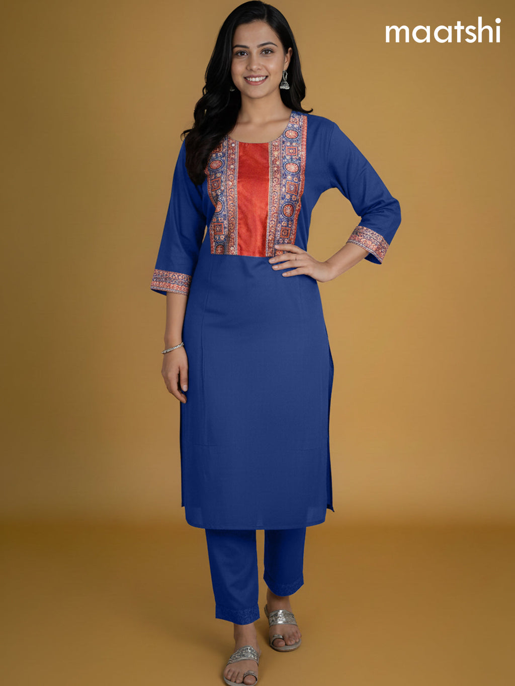 Blue Cotton Ajrakh Printed Neck Pattern Straight Suit