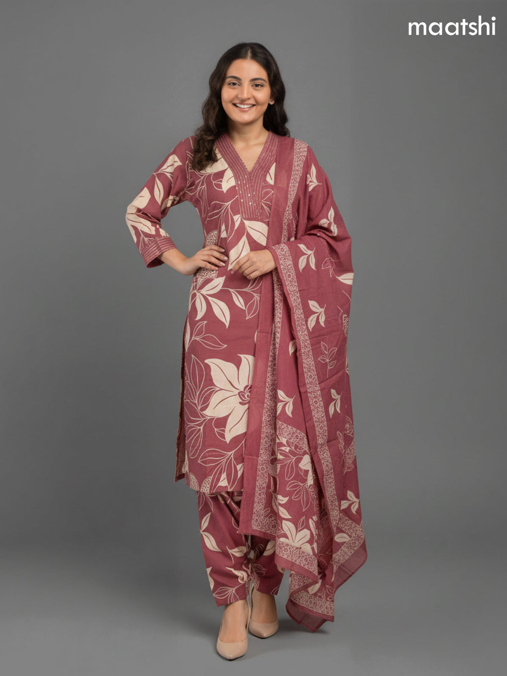 Mauve Pink Shade Cotton Floral Printed Straight Suit