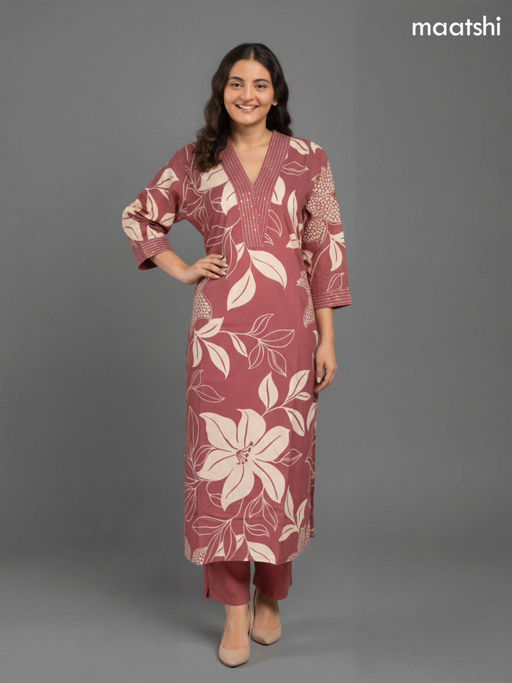 Mauve Pink Shade Cotton Floral Printed Straight Suit
