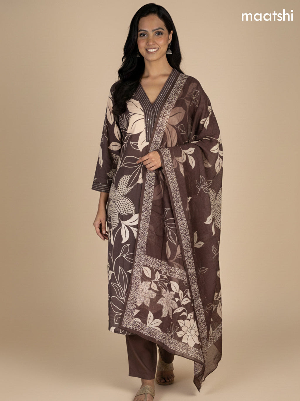 Deep Brown Cotton Floral Printed Straight Suit
