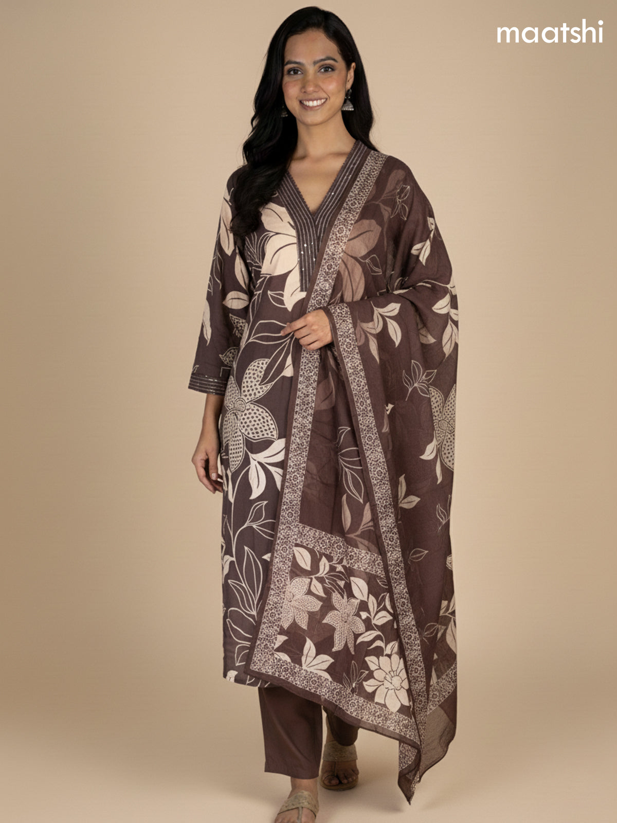 Deep Brown Cotton Floral Printed Straight Suit