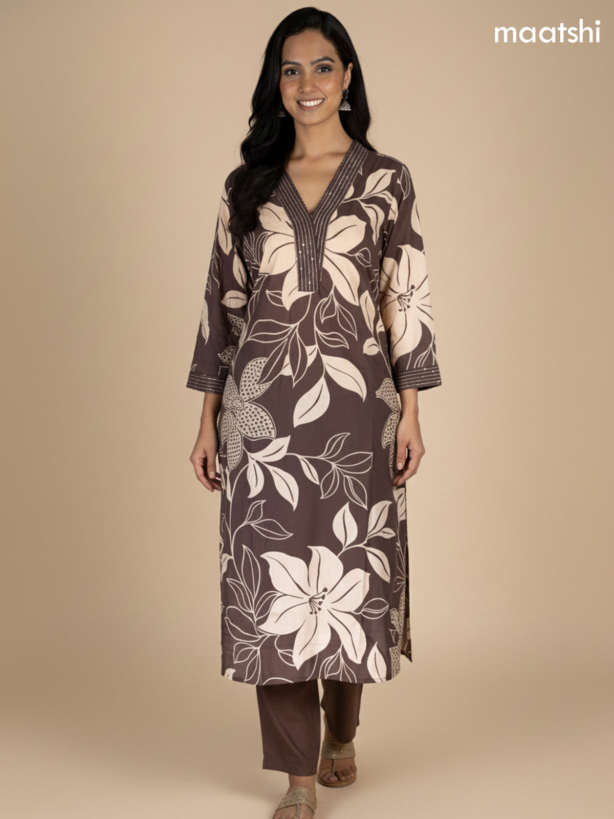 Deep Brown Cotton Floral Printed Straight Suit