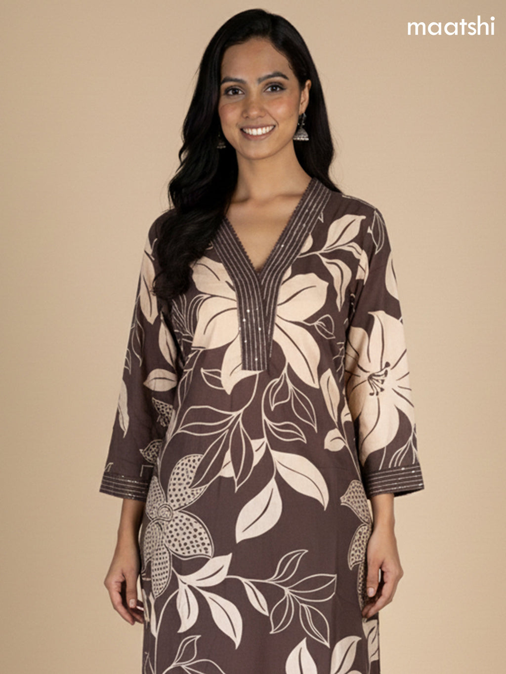 Deep Brown Cotton Floral Printed Straight Suit