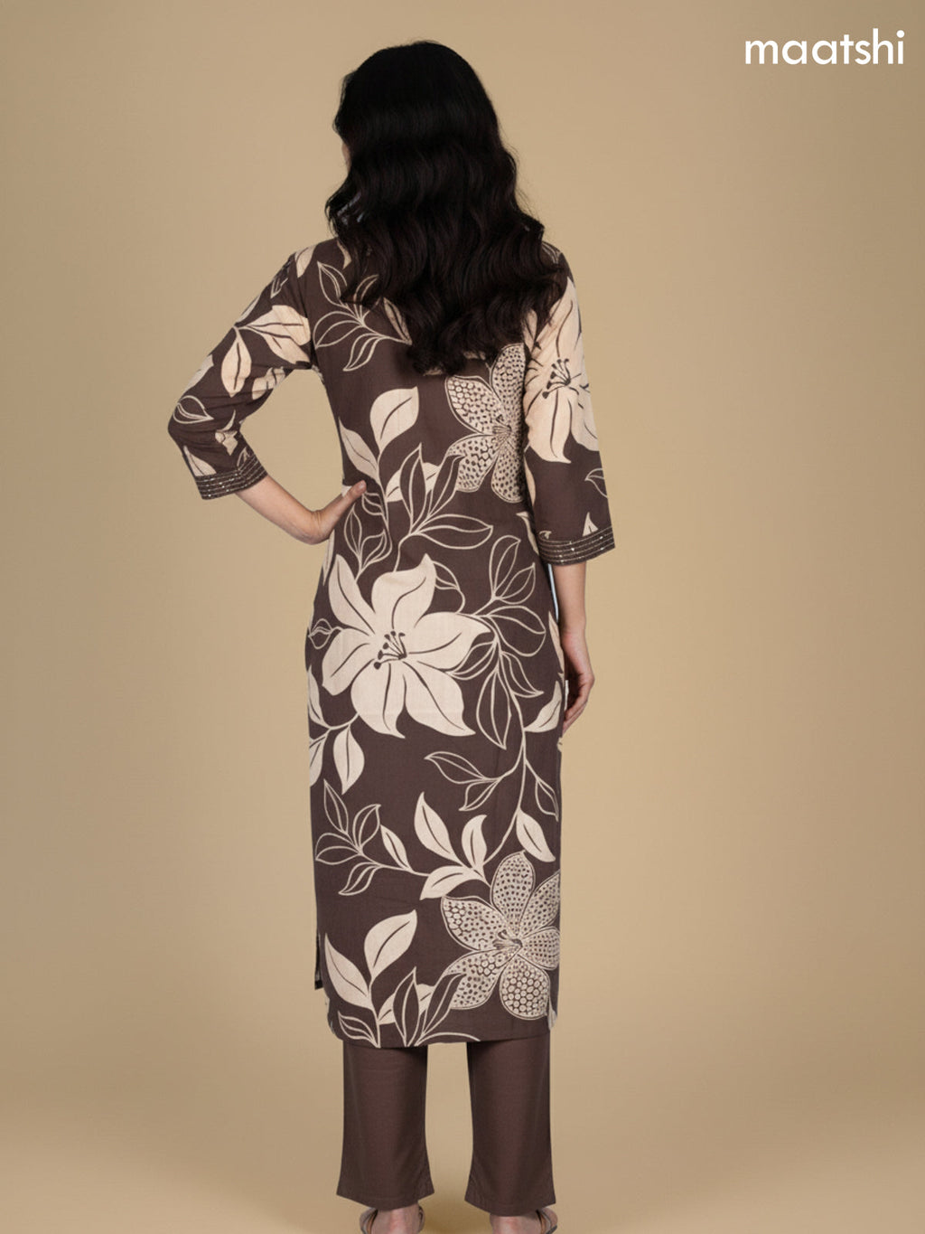 Deep Brown Cotton Floral Printed Straight Suit