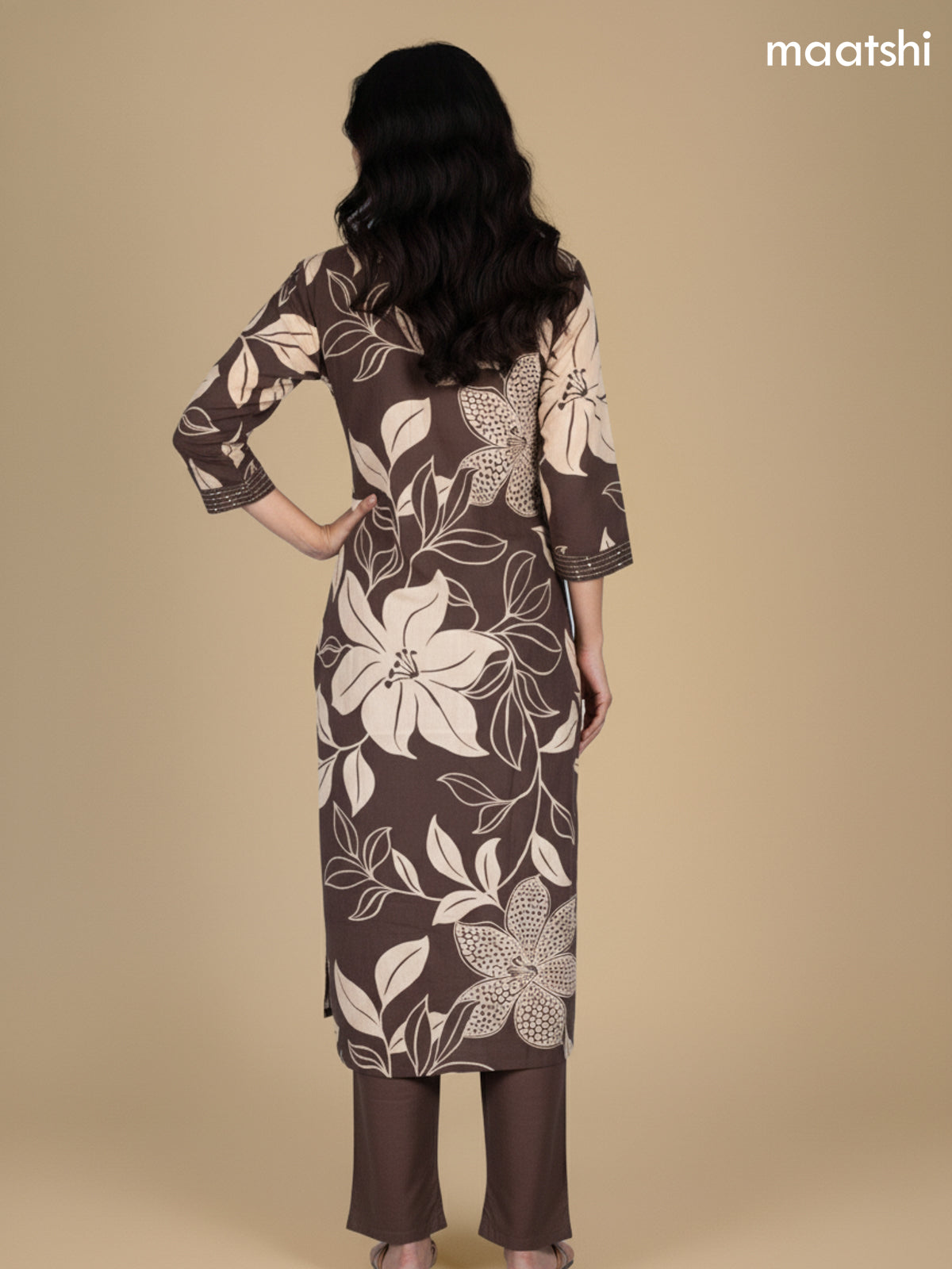 Deep Brown Cotton Floral Printed Straight Suit