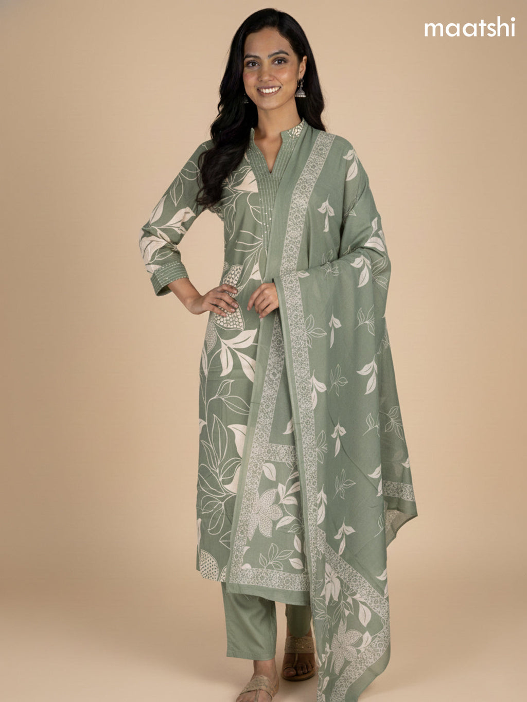 Pastel Green and Cream Cotton Floral Printed Straight Suit