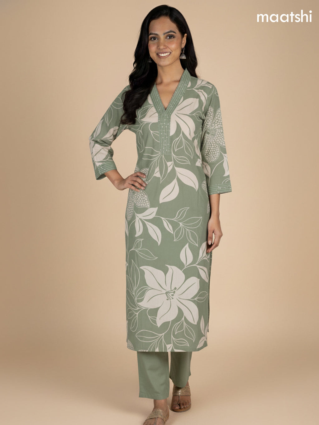 Pastel Green and Cream Cotton Floral Printed Straight Suit