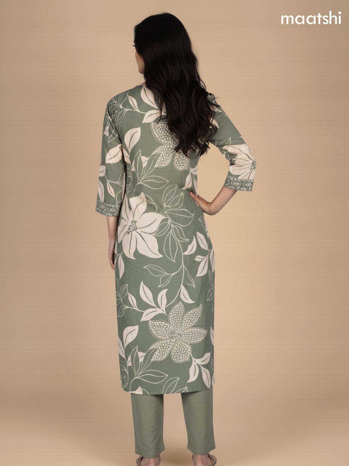 Pastel Green and Cream Cotton Floral Printed Straight Suit