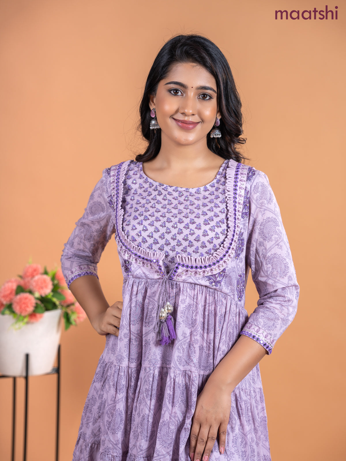 Cotton anarkali kurti lavender shade with allover prints & mirror sequin work neck pattern without pant