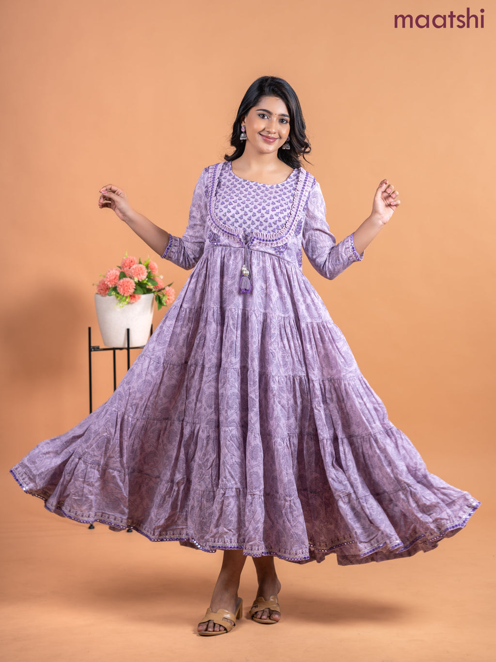 Cotton anarkali kurti lavender shade with allover prints & mirror sequin work neck pattern without pant