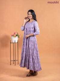 Cotton anarkali kurti lavender shade with allover prints & mirror sequin work neck pattern without pant
