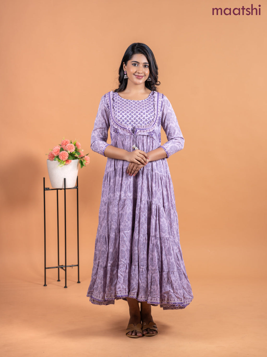 Cotton anarkali kurti lavender shade with allover prints & mirror sequin work neck pattern without pant