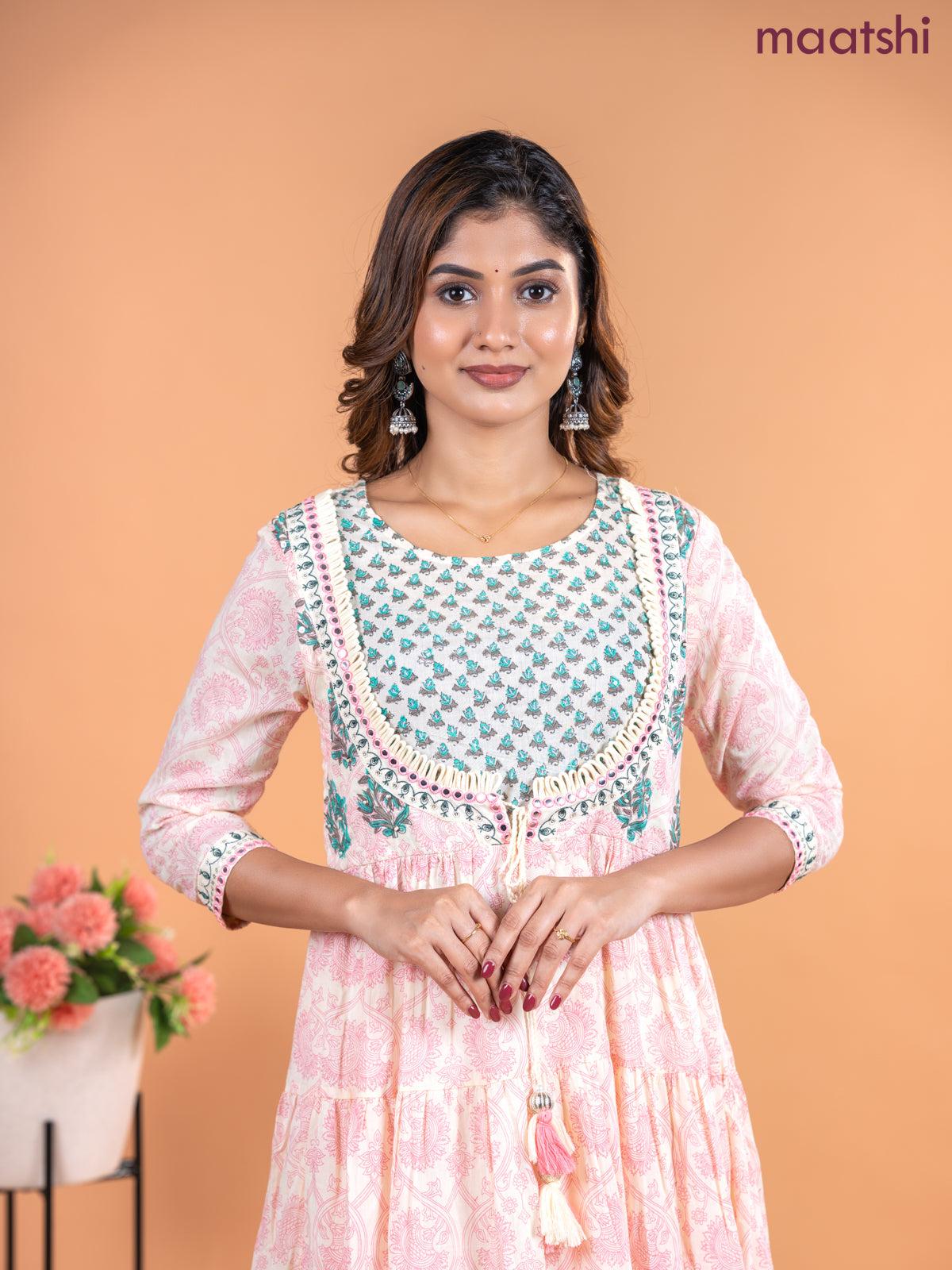 Cotton anarkali kurti cream with allover prints & mirror sequin work neck pattern without pant