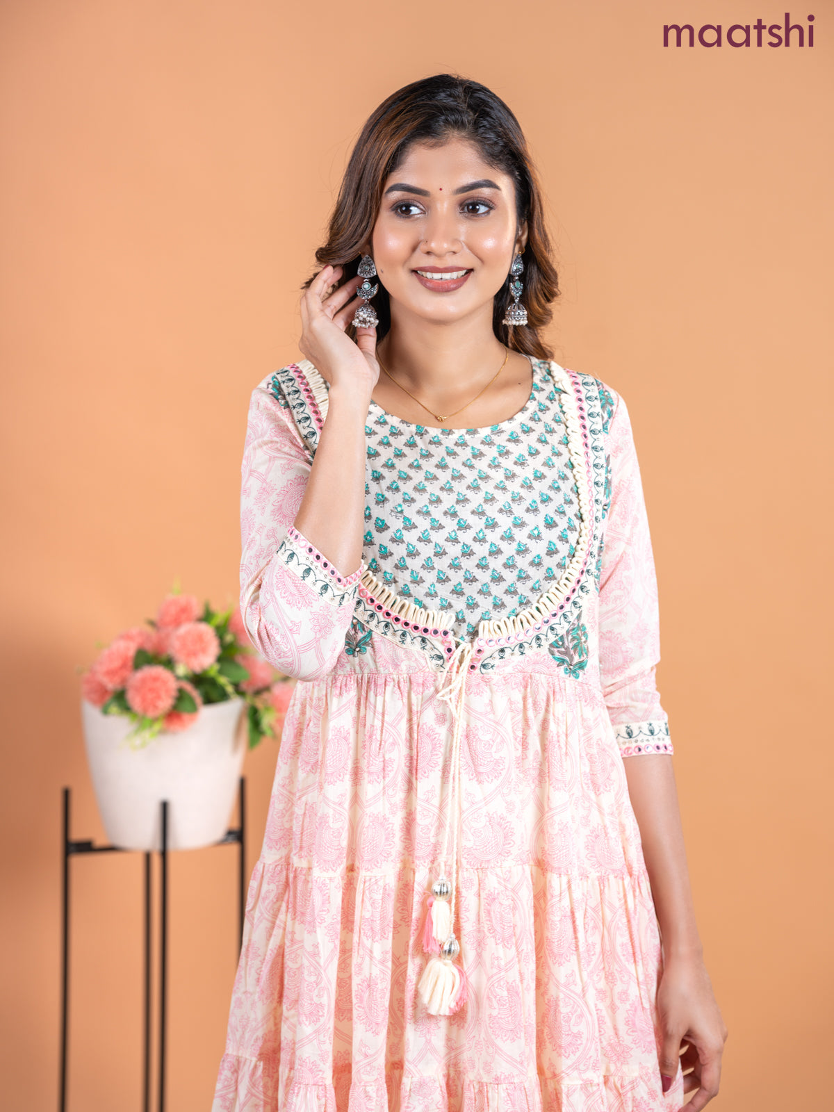 Cotton anarkali kurti cream with allover prints & mirror sequin work neck pattern without pant