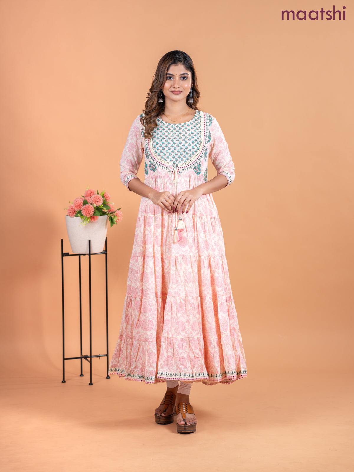 Cotton anarkali kurti cream with allover prints & mirror sequin work neck pattern without pant