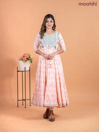 Cotton anarkali kurti cream with allover prints & mirror sequin work neck pattern without pant