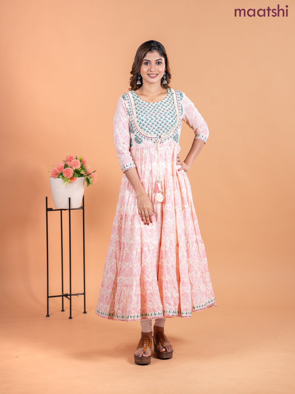 Cotton anarkali kurti cream with allover prints & mirror sequin work neck pattern without pant