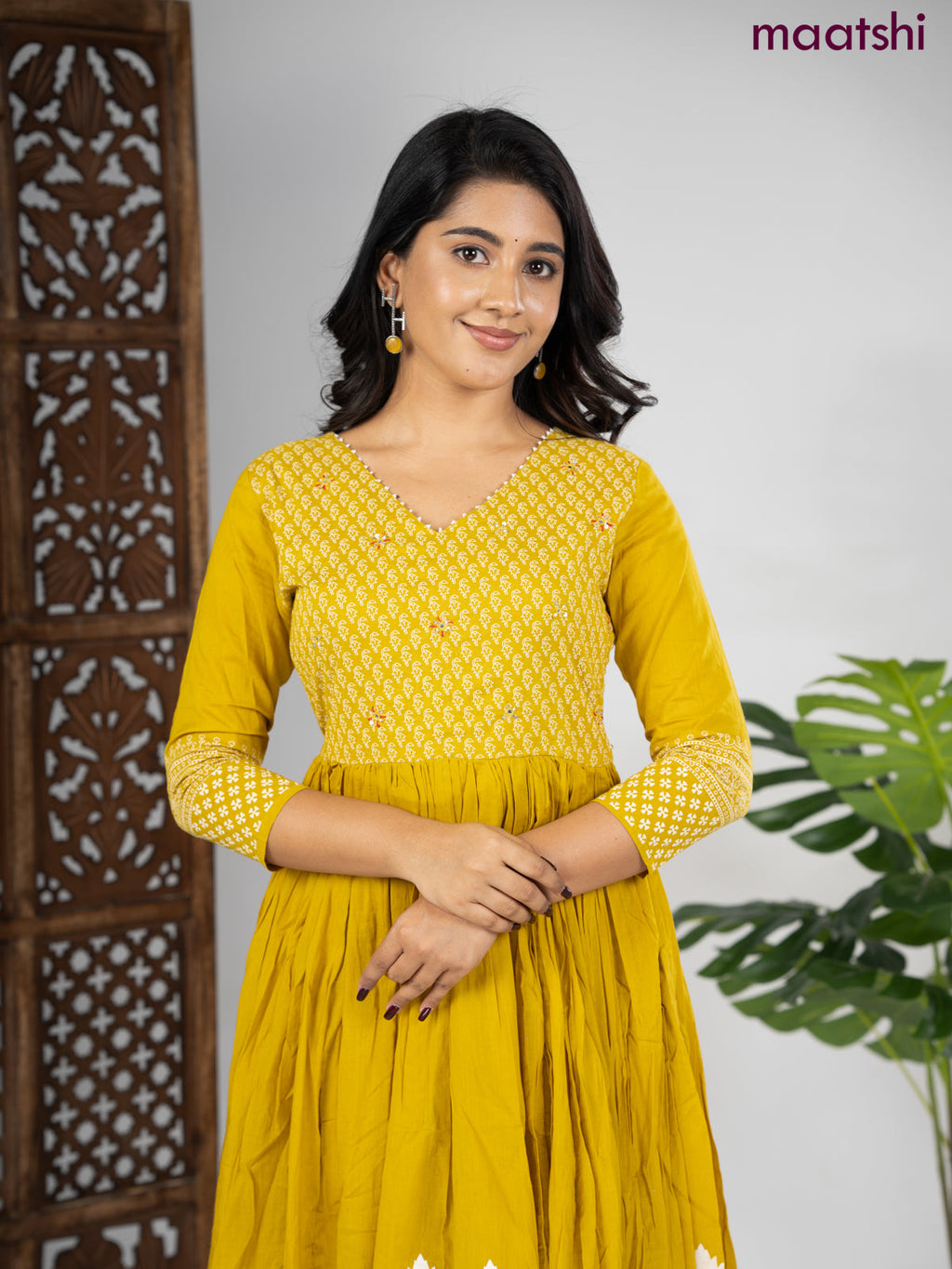 Cotton anarkali kurti mustard shade and off white with prints & beaded work v neck pattern without pant
