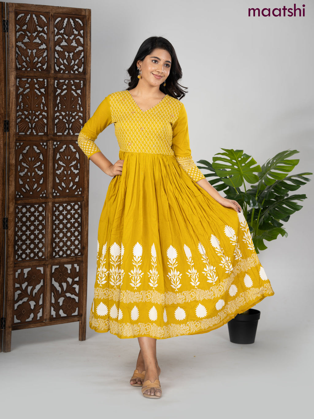 Cotton anarkali kurti mustard shade and off white with prints & beaded work v neck pattern without pant