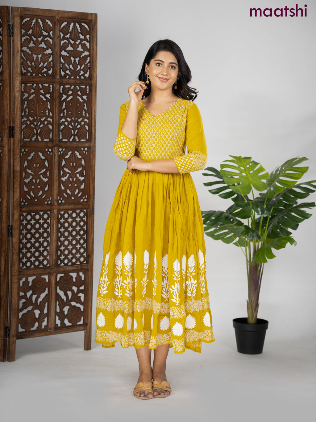 Cotton anarkali kurti mustard shade and off white with prints & beaded work v neck pattern without pant