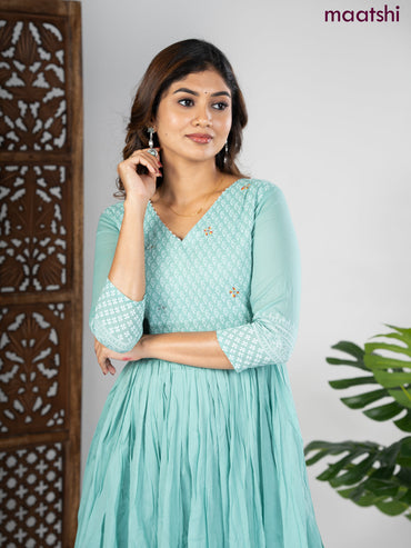 Cotton anarkali kurti pastel blue and off white with prints & beaded work v neck pattern without pant