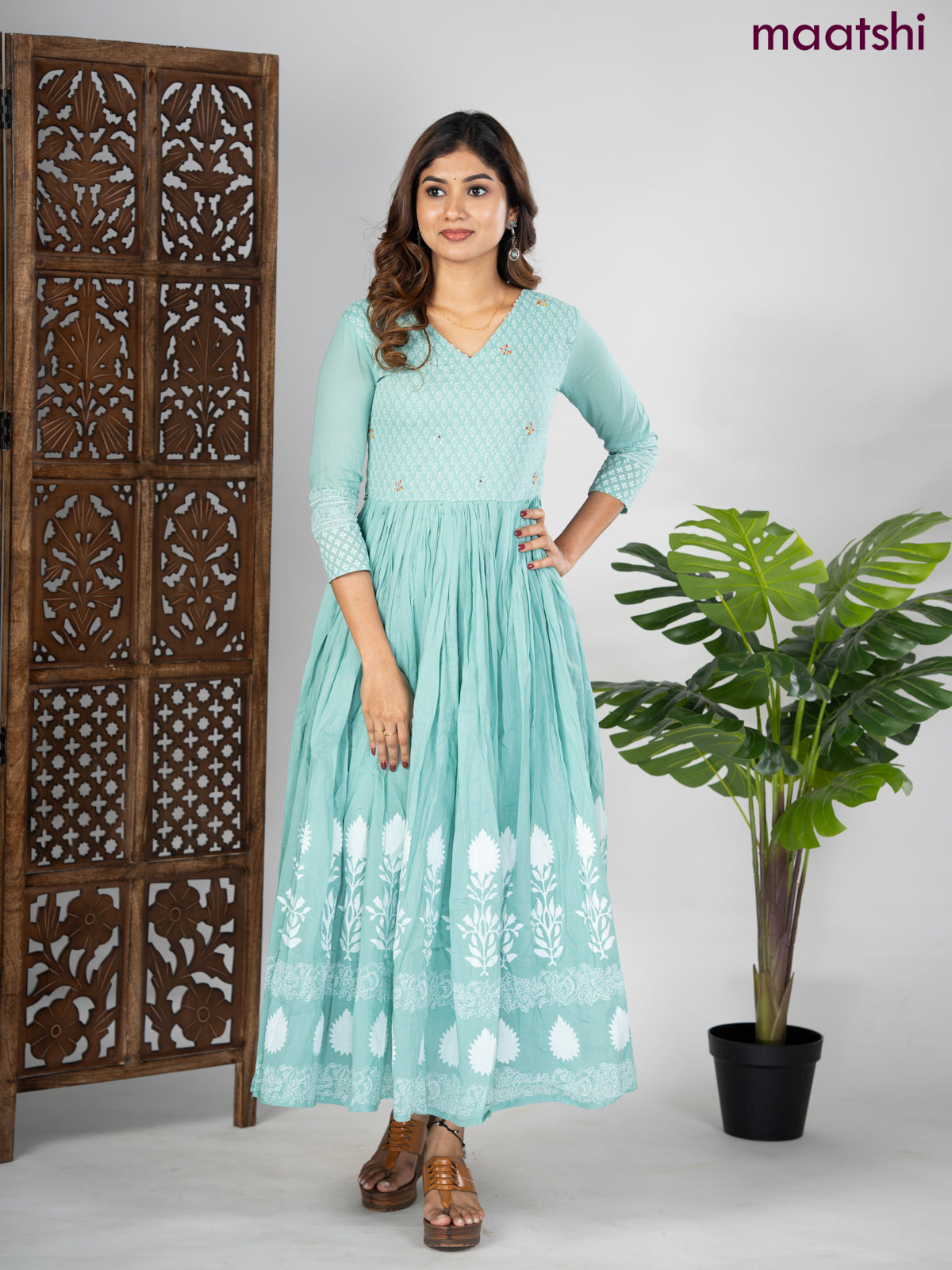 Cotton anarkali kurti pastel blue and off white with prints & beaded work v neck pattern without pant