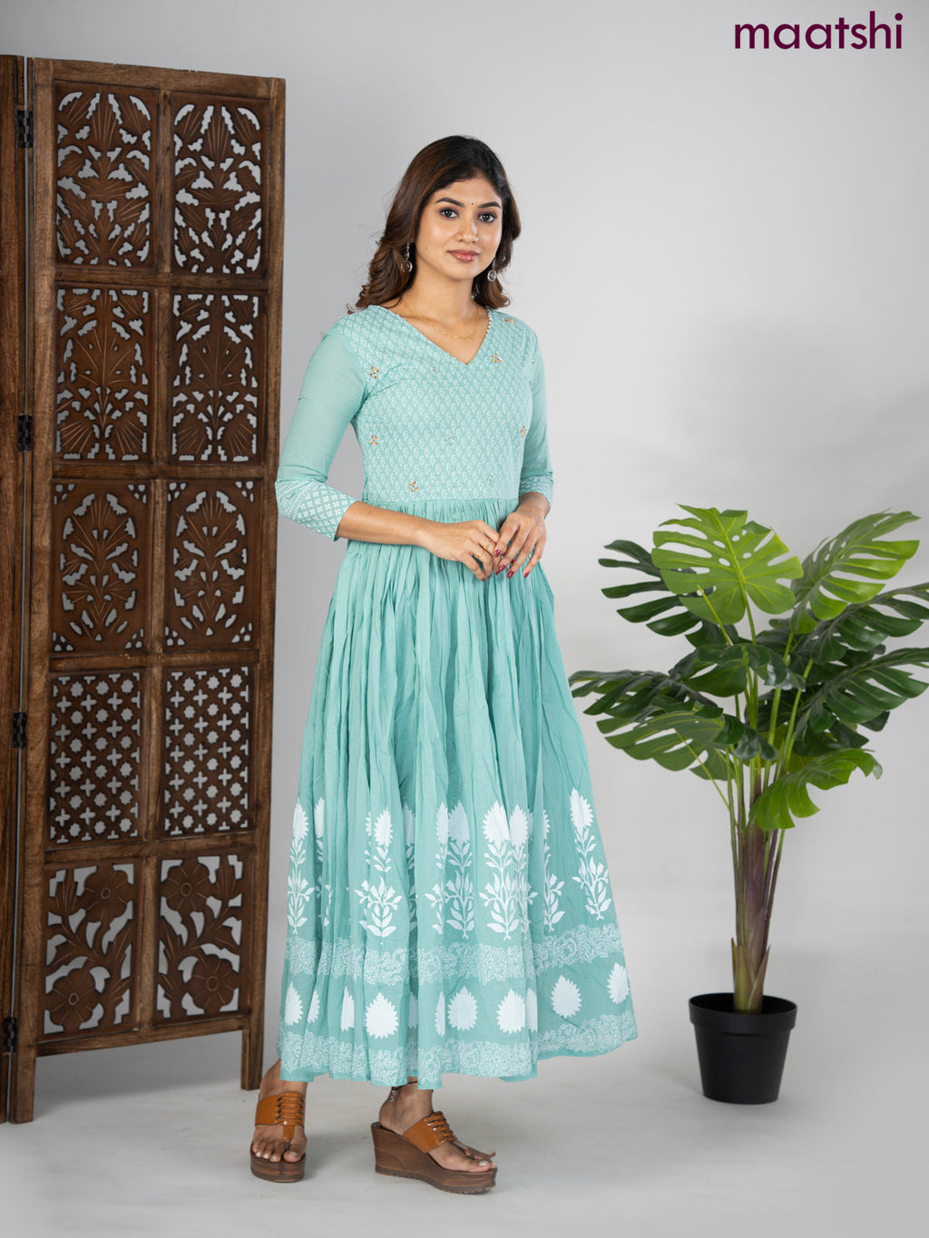 Cotton anarkali kurti pastel blue and off white with prints & beaded work v neck pattern without pant