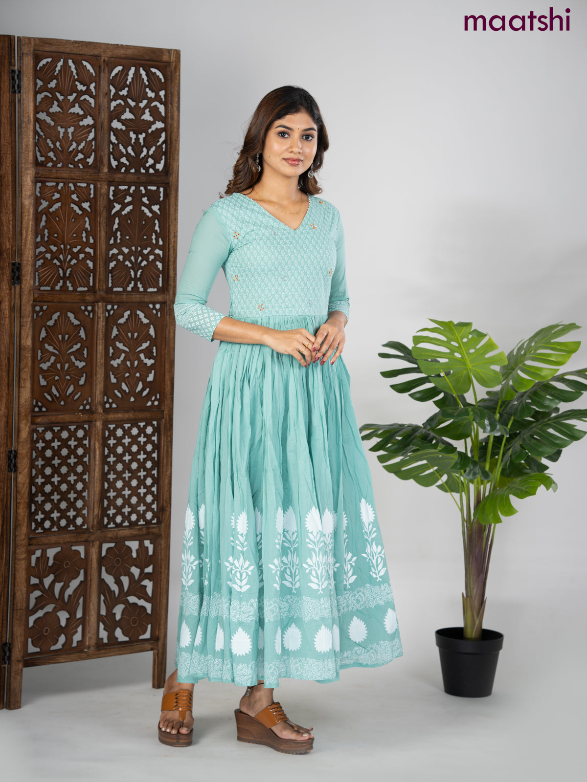 Cotton anarkali kurti pastel blue and off white with prints & beaded work v neck pattern without pant