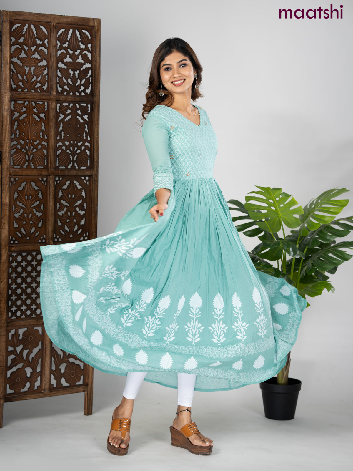 Cotton anarkali kurti pastel blue and off white with prints & beaded work v neck pattern without pant