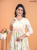 Cotton anarkali kurti pale yellow with allover prints & hakoba lace work neck pattern without pant