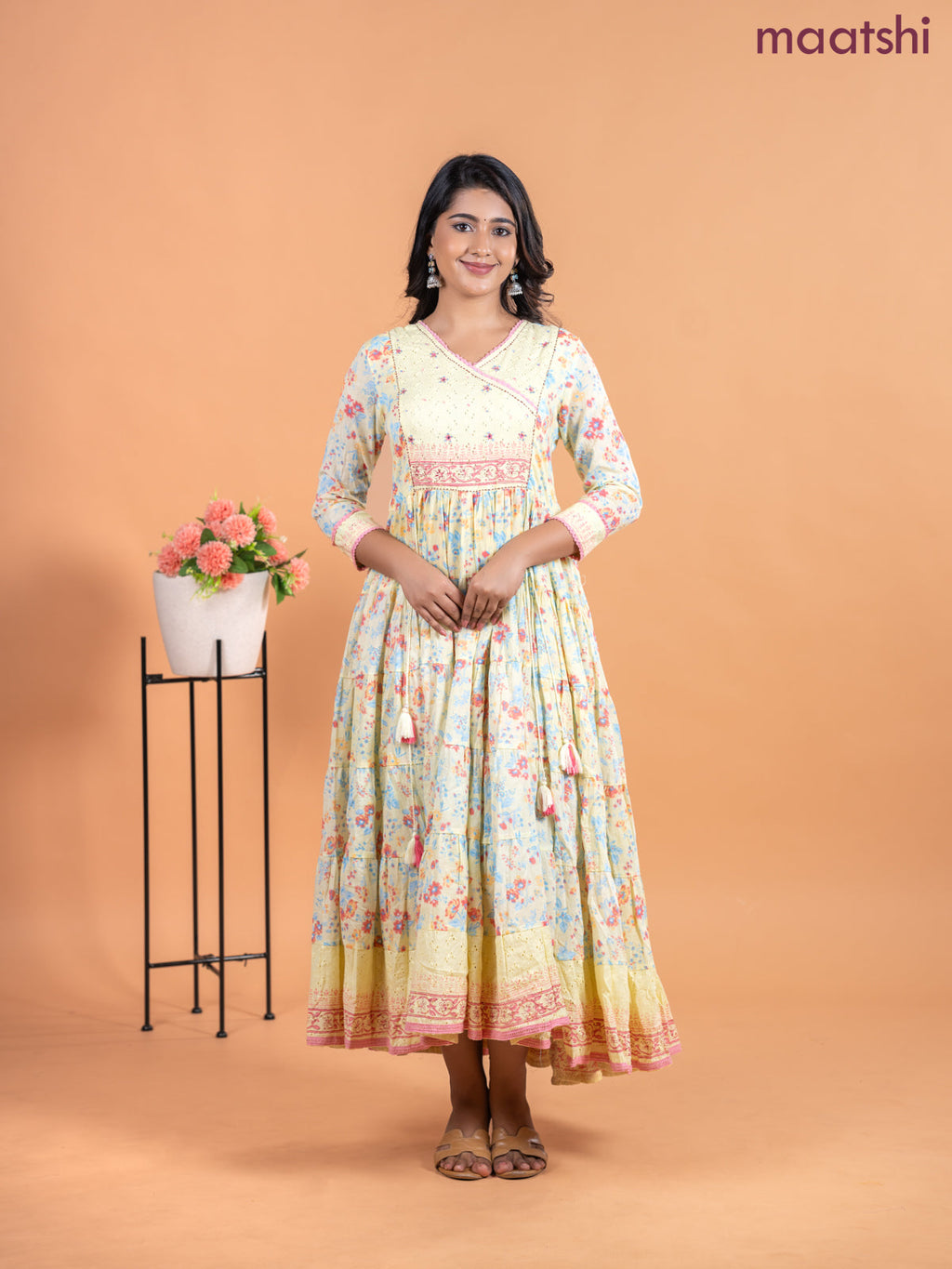 Cotton anarkali kurti pale yellow with allover prints & hakoba lace work neck pattern without pant